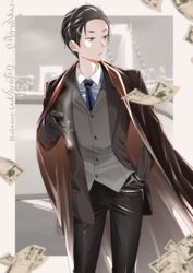  1boy absurdres adachi_imaru black_gloves black_hair black_pants black_suit blue_eyes blurry blurry_foreground cigar commentary_request copyright_name formal fugou_keiji_balance:unlimited gloves grey_vest hand_in_pocket highres kanbe_daisuke male_focus money necktie pants short_hair smoking solo standing suit vest 