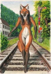  2020 5_fingers 5_toes anthro belly big_ears black_inner_ear black_nose breasts brown_eyes brown_hair building canid canine convenient_censorship countershade_belly countershade_crotch countershade_ears countershade_face countershade_neck countershading date dated evergreen_tree eyebrows feet female fingers forest fur german_railway_signalling gloves_(marking) gradient_snout grass hair hair_covering_breasts hi_res humanoid_feet humanoid_hands inner_ear_fluff iris leg_markings long_hair looking_down mammal maned_wolf markings mountain nude orange_body orange_breasts orange_ears orange_fur orange_tail parted_lips pine_tree plant plantigrade pole prick_ears pupils railway railway_signal railway_track rock rooftop semaphore shrub sign signal signal_light signature socks_(marking) solo symbol syntech tail temperate_forest toes traditional_media_(artwork) tree tuft walking white_body white_countershading white_dipstick_tail white_fur white_inner_ear_fluff 