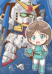  belt blue_belt blue_eyes blue_footwear blue_gloves blue_jacket boots chibi emma_sheen female gloves glowing glowing_eyes green_eyes gundam gundam_mk_ii hair_behind_ear hand_on_own_hip highres jacket kurumaya_maa mecha mobile_suit pants pantyhose robot science_fiction sleeveless sleeveless_jacket smile space super_gundam v-fin white_pants zeta_gundam 