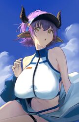  :o animal_ears arknights bare_shoulders blue_sky breasts cloud cloudy_sky commentary cow_ears cow_horns crop_top crossed_bangs day female had_(had314) hair_between_eyes hand_up highres horns jacket large_breasts looking_at_viewer navel off_shoulder official_alternate_costume open_clothes open_jacket open_mouth outdoors purple_hair short_hair sideroca_(arknights) sideroca_(light_breeze)_(arknights) sky sleeveless solo sunlight thigh_strap turtleneck visor_cap yellow_eyes zipper 