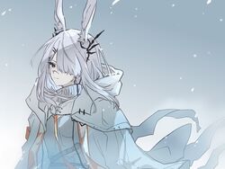  an_fyhx animal_ears arknights black_eyes coat commentary ear_ornament female frostnova_(arknights) grey_background grey_shirt hair_ornament hair_over_one_eye hairclip highres long_hair long_sleeves looking_at_viewer open_clothes open_coat rabbit_ears scar scar_on_face scar_on_nose shirt smile solo symbol-only_commentary upper_body white_coat white_hair 