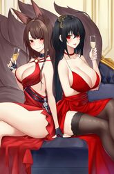  2girls akagi_(azur_lane) akagi_(ruby-laced_beauty)_(azur_lane) animal_ears arm_under_breasts azur_lane bare_hips bare_legs bare_shoulders black_hair black_thighhighs breast_rest breasts brown_hair champagne_flute cleavage commentary_request cup dress drinking_glass highres large_breasts looking_at_viewer multiple_girls o-ring_dress official_alternate_costume red_dress red_eyes seductive_smile smile taihou_(azur_lane) taihou_(forbidden_feast)_(azur_lane) tail thighhighs yorugami_rei 