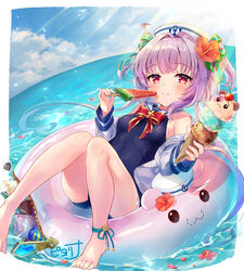  :t absurdres anchor_symbol ankle_strap barefoot blue_one-piece_swimsuit blush chewing closed_mouth female flower food gemini_seed hair_flower hair_ornament hat highres ice_cream ice_cream_cone innertube light_rays looking_at_viewer mirucha_(gemini_seed) ocean one-piece_swimsuit piyoyanagi popsicle purple_hair red_eyes sailor_hat school_swimsuit short_hair solo summer sunbeam sunlight swim_ring swimsuit triple_scoop two_side_up watermelon_bar 