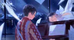  2boys bad_id bad_twitter_id black_hair collared_shirt instrument kuribulb male_focus mountain multiple_boys music original paper piano playing_instrument playing_piano sheet_music shirt short_hair signature upper_body upright_piano white_shirt 