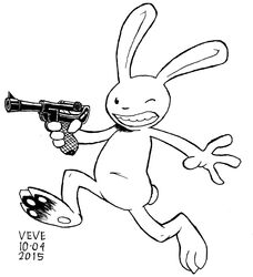  2015 3_toes 4_fingers ambiguous_gender anthro biped black_and_white dated feet fingers gun handgun hi_res holding_gun holding_handgun holding_object holding_pistol holding_ranged_weapon holding_weapon lagomorph leporid long_ears luger mammal max_(sam_and_max) monochrome one_eye_closed pistol rabbit ranged_weapon sam_and_max signature skyelegs solo teeth toes weapon 