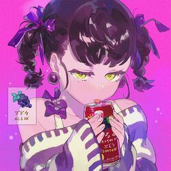  bow can commentary earrings female food fruit grapes hair_ribbon holding holding_can jewelry kuribulb leaf off-shoulder_shirt off_shoulder original purple_background purple_bow purple_ribbon ribbon shirt short_hair simple_background sleeves_past_wrists solo striped_clothes striped_shirt symbol-only_commentary twintails yellow_eyes 