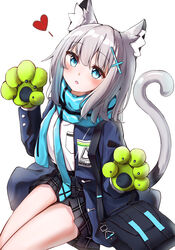  animal_ear_fluff animal_ears animal_hands bag blazer blue_archive blue_bag blue_eyes blue_jacket blue_necktie blue_scarf blush collared_shirt cross_hair_ornament feet_out_of_frame female gloves green_gloves grey_hair hair_ornament hands_up heart highres jacket looking_at_viewer medium_hair necktie on_floor open_clothes open_jacket open_mouth paw_gloves scarf school_bag sentter shiroko_(blue_archive) shirt shirt_tucked_in simple_background striped_clothes striped_scarf tail white_background white_shirt wolf_ears 