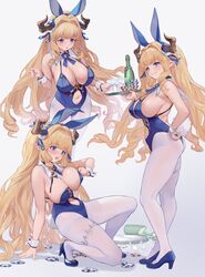  animal_ears annoyed arm_support bare_shoulders blonde_hair blue_eyes blue_footwear blue_neckwear blush breasts broken_bottle broken_glass champagne_bottle champagne_coupe cleavage clothing_cutout commentary_request cup detached_collar draph drinking_glass fake_animal_ears fake_tail fallen_down female full_body glass granblue_fantasy hair_intakes hairband hand_on_own_hip high_heels highres holding holding_tray horns large_breasts leotard leotard_pull long_hair looking_down looking_to_the_side multiple_views navel navel_cutout open_mouth pantyhose playboy_bunny pointy_ears poker_chip rabbit_ears rabbit_tail razia sideboob sidelocks tail teeth tray twintails u_jie white_pantyhose 