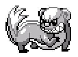  commentary english_commentary full_body greyscale lowres monochrome no_humans pat_attackerman pixel_art pokemon pokemon_(creature) pokemon_rgby pokemon_rgby_(style) solo sprite standing standing_on_three_legs transparent_background yungoos 