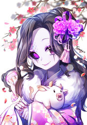  2girls artist_name black_hair black_sclera blindfold blurry blurry_background bovine branch colored_sclera eyeshadow falling_petals floral_print flower follower_(identity_v) fur_collar hair_flower hair_ornament holding identity_v japanese_clothes kanzashi kimono long_hair looking_at_viewer makeup mismatched_sclera multiple_girls new_year pale_skin petals pink_flower plum_blossoms print_kimono purple_eyes purple_eyeshadow purple_flower purple_kimono purple_nails red_flower scales signature simple_background sleeves_past_wrists smile solo_focus tassel tempy_(rinsia) white_background yidhra_(identity_v) 