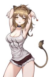  animal_ears arknights armpits arms_up bad_id bad_pixiv_id bare_shoulders black_choker blush breasts brown_eyes brown_hair candy choker cleavage cowboy_shot fangs female food fur-trimmed_shorts fur_trim highres holding holding_food large_breasts lion_ears lion_girl lion_tail lollipop long_hair looking_at_viewer parted_lips red_shorts shao_(shaorouhong) short_shorts shorts siege_(arknights) simple_background solo standing tail tank_top thighs white_background white_tank_top 