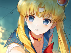  bishoujo_senshi_sailor_moon bishoujo_senshi_sailor_moon_s blonde_hair blue_eyes blue_sailor_collar breasts choker circlet cleavage collarbone collared_shirt commentary crescent crescent_earrings derivative_work earrings female hair_bun hair_intakes heart heart_choker jewelry long_hair magical_girl meme parted_lips red_choker sailor_collar sailor_moon sailor_moon_redraw_challenge_(meme) sailor_senshi_uniform sailor_shirt screenshot_redraw shirt signature single_hair_bun sleeveless sleeveless_shirt snozaki solo tsukino_usagi twintails upper_body white_shirt 