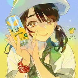  black_hair blue_background can commentary female food fruit gradient_background hands_up hat kuribulb leaf lemon long_hair looking_at_viewer original shirt short_sleeves smile solo symbol-only_commentary twintails upper_body white_shirt yellow_background yellow_eyes 