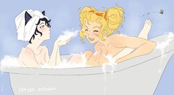  2girls alternate_hairstyle animal_ear_fluff animal_ears artist_name barefoot bath bathing bathtub belt_buckle black_hair blake_belladonna blonde_hair blowing_bubbles blush breasts buckle bumblebee_(insect) cat_ears cleavage closed_eyes commentary completely_nude english_commentary from_side highres long_hair medium_breasts multiple_girls nude open_mouth orange_scrunchie partially_submerged purple_background rwby same-sex_bathing scrunchie shared_bathing short_hair short_twintails slipper_bathtub smile towel towel_on_head twintails water yang_xiao_long yaya_(y8ay8a) yellow_eyes yuri 