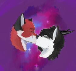  anthro black_body black_eyeshadow black_fur canid canine canis closed_eyes domestic_dog duo eyeshadow fox fur hi_res horn husky kissing makeup male male/male mammal nordic_sled_dog red_body red_fur rivey_ravenheart scar spitz xfotzy 