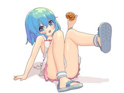  aoi_tori armpits bare_shoulders blue_eyes blue_hair blush collarbone cosplay doughnut dress female food highres holding holding_food medium_hair oerba_yun_fang open_mouth original oshino_shinobu oshino_shinobu_(cosplay) simple_background sitting skin_fang skirt solo teru-chan_(aoi_tori) 