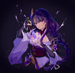  arm_up between_breasts black_background braid breasts bridal_gauntlets cleavage commentary_request cropped_torso female genshin_impact holding holding_sword holding_weapon hozumi_rino human_scabbard japanese_clothes katana kimono long_hair medium_breasts musou_isshin_(genshin_impact) obi parted_lips purple_eyes purple_hair purple_kimono raiden_shogun sash single_braid solo sword upper_body very_long_hair weapon 