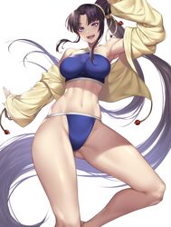  arm_up armpits bare_shoulders bikini black_hair blue_bikini blue_eyes blunt_bangs blush breasts collarbone commentary_request fate/grand_order fate_(series) female groin highres impossible_clothes impossible_swimsuit jacket jacket_over_swimsuit large_breasts long_hair looking_at_viewer midriff nasaniliu navel off_shoulder open_clothes open_jacket open_mouth parted_bangs side_ponytail sidelocks simple_background sleeves_past_wrists smile solo swimsuit teeth upper_teeth_only ushiwakamaru_(fate) ushiwakamaru_(swimsuit_assassin)_(fate) ushiwakamaru_(swimsuit_assassin)_(first_ascension)_(fate) very_long_hair white_background yellow_jacket 