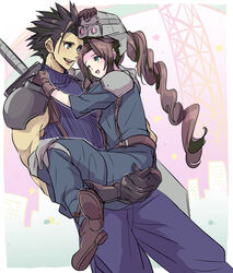  1boy absurdres aerith_gainsborough armor black_hair boots braid braided_ponytail brown_hair buster_sword carrying cosplay couple female final_fantasy final_fantasy_vii final_fantasy_vii_remake gloves green_eyes happy helmet highres long_hair looking_at_another one_eye_closed princess_carry shinra_infantry shinra_infantry_(cosplay) shoji_sakura shoulder_armor smile spiked_hair straight sword sword_on_back weapon weapon_on_back zack_fair 