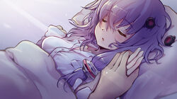  1other blanket closed_eyes commentary dappled_sunlight female hair_between_eyes hair_ornament head_on_pillow highres holding_hands lying on_back on_bed open_mouth pillow pov pov_across_bed pov_hands purple_hair shirt short_hair_with_long_locks sleeping sunlight under_covers vocaloid voiceroid white_shirt yasuhara_roku yuzuki_yukari 