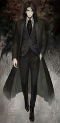  1boy absurdres alucard_(castlevania) arikado_genya bishounen black_cloak black_hair black_pants castlevania:_dawn_of_sorrow castlevania_(series) chinese_commentary cloak closed_mouth collared_shirt commentary formal full_body hand_in_pocket highres long_hair looking_at_viewer male_focus pant_suit pants qgailz shirt solo standing suit vest wing_collar 