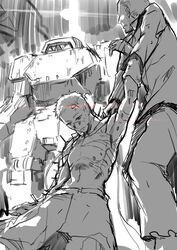  2boys 621_(armored_core_6) armored_core armored_core_6 buzz_cut cyborg dragging expressionless handler_walter highres las91214 mecha multiple_boys robot short_hair topless_male very_short_hair 