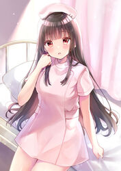  :o bad_id bad_pixiv_id bed bed_sheet brown_hair curtains female hand_on_own_face hat highres hime_cut indoors infirmary looking_at_viewer minami_saki nurse nurse_cap open_mouth original pillow pink_skirt red_eyes sheet_grab short_sleeves skirt solo 