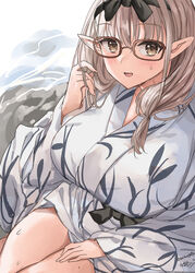  blue_archive breasts brown_eyes chinatsu_(blue_archive) chinatsu_(hot_spring)_(blue_archive) female glasses hair_between_eyes hand_in_own_hair highres japanese_clothes large_breasts light_brown_hair long_hair long_sleeves looking_at_viewer mizuta_kenji one-hour_drawing_challenge parted_lips pointy_ears red-framed_eyewear solo sweat twirling_hair twitter_username water wide_sleeves 