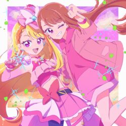  2girls :d asymmetrical_clothes asymmetrical_legwear bare_shoulders blonde_hair braid brown_hair commentary_request cure_butterfly dual_persona earrings eyelashes hair_ornament happy hijiri_ageha hirogaru_sky!_precure holding holding_microphone hood hoodie jacket jewelry long_hair looking_at_viewer magical_girl microphone midriff multicolored_hair multiple_girls one_eye_closed open_mouth orange_hair pink_eyes pink_hoodie pink_jacket pink_shirt pink_skirt precure shirt single_braid single_leg_pantyhose skirt sky_mirage smile standing streaked_hair two-tone_hair usiusi_nanas v 