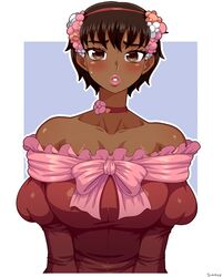  absurdres berserk breasts brown_eyes brown_hair casca_(berserk) choker dark-skinned_female dark_skin dress female flower hair_flower hair_ornament hairband highres juliet_sleeves light_blush lips long_sleeves looking_at_viewer parted_lips puffy_sleeves red_choker red_dress short_hair simmsy solo sweatdrop upper_body 