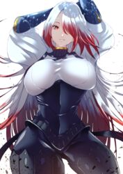  arm_behind_head asmodeus_(megido72) breasts corset covered_nipples female gradient_hair hair_over_eyes hair_over_one_eye highres huge_breasts megido72 multicolored_hair one_eye_covered red_eyes red_hair sakusakusakurai smile solo thick_thighs thighs white_hair 