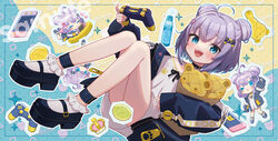  black_footwear black_jacket blue_eyes bread chibi chibi_inset controller double_bun dualshock food game_controller gamepad hair_bun hair_ornament handheld_game_console heart highres holding holding_handheld_game_console indie_virtual_youtuber jacket melon_bread mousepad_(medium) nintendo_switch official_art one_eye_closed platform_footwear platform_heels playstation_controller purple_hair ramune sample_watermark shirt shizukou short_hair smile solo_focus uchako virtual_youtuber watermark waving white_shirt 