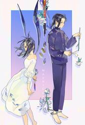  1boy bad_id bad_twitter_id barefoot black_hair black_jacket black_pants butterfly_wings dress female flower gradient_background hair_over_one_eye holding holding_scissors insect_wings jacket kuribulb long_hair long_sleeves original pants ponytail profile puffy_long_sleeves puffy_sleeves scissors shadow white_dress white_flower wings 