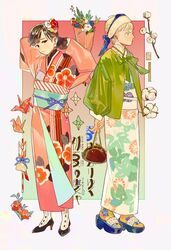  2girls aqua_eyes blonde_hair bouquet brown_gloves brown_hair earrings floral_print flower gloves japanese_clothes jewelry kimono kuribulb leaf long_sleeves multiple_girls origami original paper_crane pink_kimono print_kimono print_socks profile puffy_long_sleeves puffy_sleeves red_flower sandals shoes socks standing white_flower 