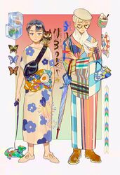  2girls black_hair blonde_hair blue_umbrella brown_footwear bug butterfly crossed_arms dress floral_print gradient_background kuribulb lizard long_sleeves multiple_girls original print_dress shoes short_sleeves umbrella white_dress white_footwear 