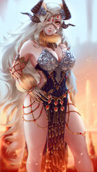  armlet armor armored_dress artificial_flower bare_legs breasts chains cleavage dragon_horns dress feet_out_of_frame female flower flower_trim fur_collar fur_trim gem gloves gold_chain grey_hair hair_flower hair_ornament hand_on_own_hip headgear highres horns kulve_taroth_(master_rank_armor) large_breasts lips long_dress long_hair looking_at_viewer mcdobo monster_hunter:_world monster_hunter_(character) monster_hunter_(series) nose pelvic_curtain photoshop_(medium) red_gemstone side_slit solo standing very_long_hair yellow_eyes 