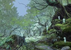  blue_sky blurry blurry_background blurry_foreground forest ghost kodama mononoke_hime moss nature outdoors plant reengirl rock scenery sky tree 