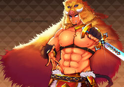  1boy abs animal_hood bara bare_pectorals boar_boy boar_hood body_fur brown_hair chest_harness facial_hair facial_mark forked_eyebrows goatee gullinbursti_(housamo) harness holding holding_sword holding_weapon hood large_pectorals male_focus mature_male muscular muscular_male navel nipples oerba_yun_fang pectorals pelvic_curtain pubic_tattoo short_hair solo stomach sword tattoo tokyo_afterschool_summoners touoh weapon 