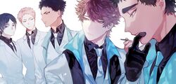  5boys alternate_costume black_gloves black_hair brown_eyes brown_hair closed_mouth dress_shirt eyebrows formal gloves haikyuu!! hanamaki_takahiro highres iwaizumi_hajime jacket jewelry korean_commentary kunimi_akira looking_away male_focus matsukawa_issei mgmg_1012 multiple_boys necklace oikawa_tooru_(haikyuu!!) shirt short_hair 