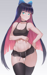  arm_under_breasts bare_arms bare_shoulders black_choker black_hair black_shorts black_thighhighs blue_bow blue_eyes blunt_bangs bow breasts cheshirrr choker cleavage closed_mouth collarbone colored_inner_hair commentary cowboy_shot dolphin_shorts english_commentary female hair_ribbon hand_on_own_hip highres long_hair looking_at_viewer medium_breasts multicolored_hair panty_&amp;_stocking_with_garterbelt pink_hair ribbon shorts solo sports_bra stocking_(psg) straight_hair thigh_gap thighhighs toned two_side_up v-shaped_eyebrows very_long_hair wide_hips 