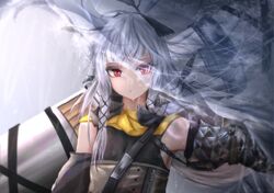  arknights armpits bare_shoulders blurry cannon closed_mouth depth_of_field detached_sleeves dress expressionless female flat_chest grey_hair hair_ornament highres horns kayjae long_hair long_sleeves looking_at_viewer outstretched_arm red_eyes solo strap upper_body water weedy_(arknights) wet 