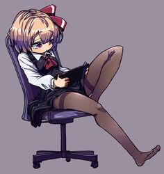  ascot awa_(bihidasu) black_dress blonde_hair brown_pantyhose commentary dress female full_body grey_background hair_ribbon holding knees_up long_sleeves nintendo_switch no_shoes on_chair pantyhose red_ascot red_eyes red_ribbon ribbon rumia shirt short_hair simple_background sitting solo swivel_chair symbol-only_commentary thighband_pantyhose touhou white_shirt 