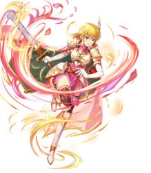  armor black_thighhighs blonde_hair blue_eyes breastplate cape chachie dress elbow_gloves female fire_emblem fire_emblem:_thracia_776 fire_emblem_heroes full_body gloves greaves highres holding holding_sword holding_weapon lands_sword nanna_(fire_emblem) non-web_source official_art open_mouth pauldrons pink_cape pink_dress short_hair shoulder_armor solo sword thighhighs transparent_background weapon white_gloves wing_hair_ornament 