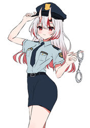  absurdres adjusting_clothes adjusting_headwear alternate_costume black_skirt blue_necktie blue_shirt blush breasts collared_shirt cowboy_shot cuffs dress_shirt female gradient_hair hair_between_eyes handcuff_dangle handcuffs hat highres hololive horns karashi_(asarikarasi) long_hair looking_at_viewer medium_breasts miniskirt multicolored_hair nakiri_ayame necktie parted_lips pencil_skirt police police_hat police_uniform policewoman red_eyes red_hair shirt shirt_tucked_in short_sleeves simple_background skin-covered_horns skirt smile solo standing streaked_hair two-tone_hair uniform virtual_youtuber white_background white_hair 