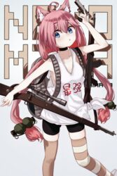  :o ahoge akm animal_ear_fluff animal_ears assault_rifle asymmetrical_legwear backpack bag bare_arms bike_shorts black_choker blue_background blue_eyes bolt_action breasts brown_legwear cat_ears character_name choker collarbone commentary_request cuicuijiao explosive eyes_visible_through_hair feet_out_of_frame female glock grenade gun handgun highres hinata_channel kalashnikov_rifle long_hair looking_at_viewer low-cut_armhole low_twintails mauser_98 mismatched_legwear multiple_weapons nekomiya_hinata parted_lips pink_hair pointing rifle shirt sideboob solo striped_clothes striped_thighhighs tank_top thighhighs tied_shirt twintails virtual_youtuber weapon white_tank_top 