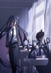  2boys ahoge black_hair black_jacket black_necktie black_pants brown_hair chair classroom collared_shirt curtains danganronpa_(series) danganronpa_3_(anime) desk feet_out_of_frame flower formal hair_between_eyes highres hinata_hajime indoors jacket kamukura_izuru long_hair long_sleeves looking_to_the_side male_focus multiple_boys necktie official_alternate_costume open_clothes open_jacket pants red_eyes school_desk shirt short_hair sitting white_flower white_shirt ziling 