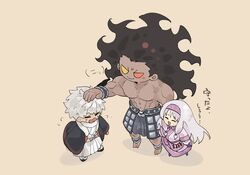  2boys :d =_= ^_^ ainu_clothes black_hair black_kimono blush_stickers chibi closed_eyes emiya_shirou fate/grand_order fate_(series) female flying_sweatdrops hairband headpat heracles_(fate) heterochromia highres hisagi_(joyclub) japanese_clothes kimono messy_hair multiple_boys muscular muscular_male open_mouth red_eyes senji_muramasa_(fate) senji_muramasa_(third_ascension)_(fate) simple_background sitonai_(fate) smile sweat wavy_mouth white_hair wristband yellow_background yellow_eyes 