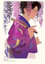  black_hair female flower folding_fan hand_fan holding holding_fan japanese_clothes kimono kuribulb long_sleeves original print_kimono profile short_hair solo tan_background upper_body wide_sleeves wisteria 