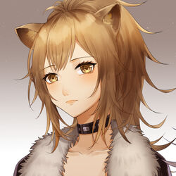  animal_ears arknights bad_id bad_pixiv_id black_choker black_jacket blush brown_eyes brown_hair choker collarbone female fur-trimmed_jacket fur_trim gradient_background grey_background highres jacket lion_ears long_hair looking_at_viewer portrait shao_(shaorouhong) siege_(arknights) solo white_background 