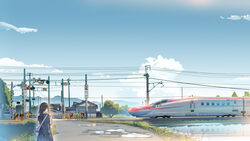  bag black_hair blue_skirt blue_sky blue_vest boom_barrier cloud daito e6_komachi female long_hair original outdoors overhead_line pleated_skirt ponytail power_lines railroad_crossing real_world_location reflection scenery school_bag school_uniform shinkansen shirt short_sleeves skirt sky solo standing train utility_pole vest water white_bag white_shirt 